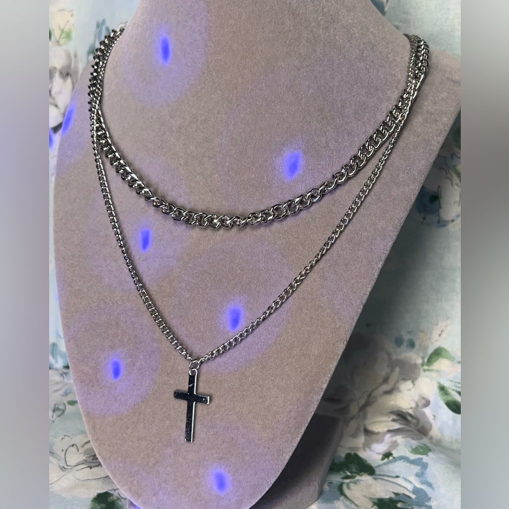 Stainless Steel Necklaces Cuban Link Chain Silver Layered Cross Pendant
